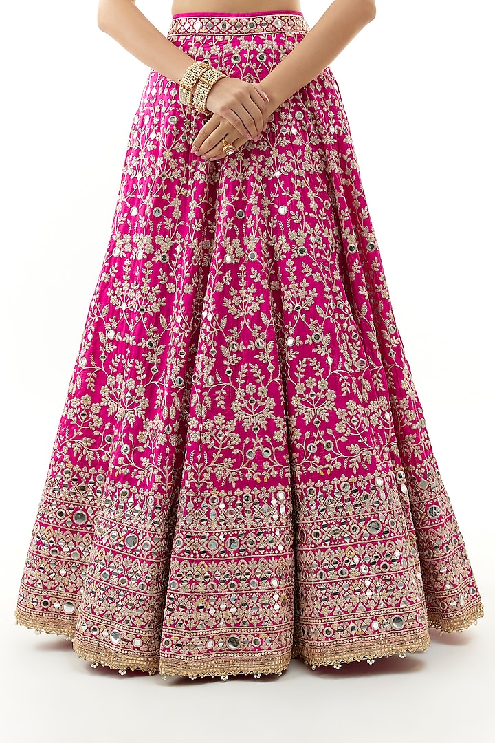 Pink Tussar Mirror & Thread Embroidered Wedding Lehenga Set by Gopi Vaid at Pernia's Pop Up Shop