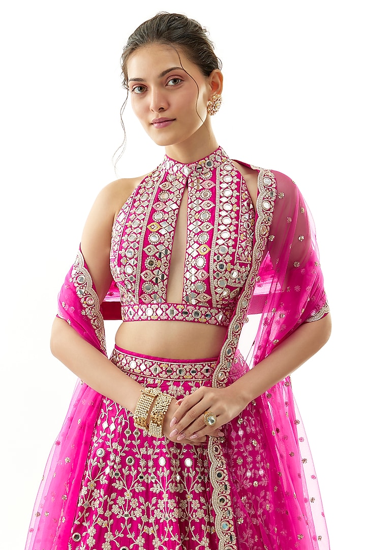 Pink Tussar Mirror & Thread Embroidered Wedding Lehenga Set by Gopi Vaid at Pernia's Pop Up Shop
