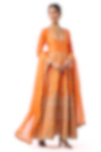 Orange Tussar Mirror Work Bridal Anarkali Set by GOPI VAID at Pernia's Pop Up Shop