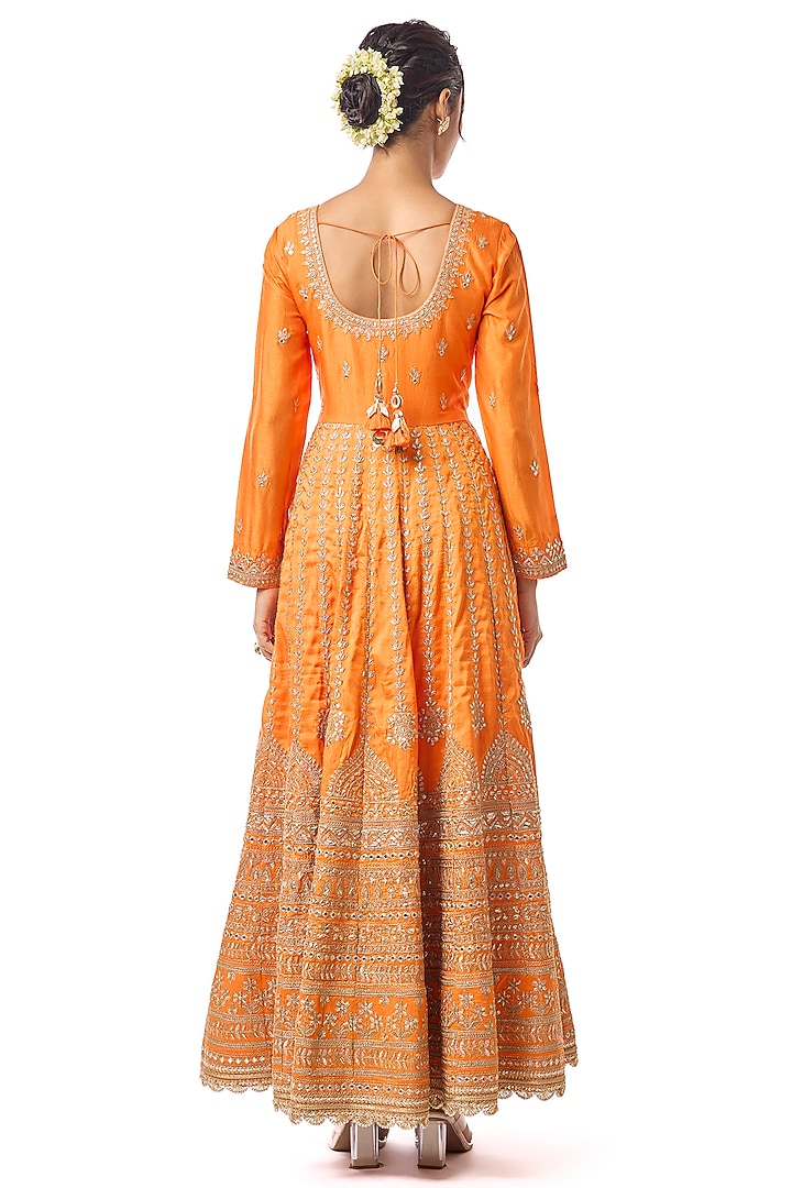 Orange Tussar Mirror Work Bridal Anarkali Set by GOPI VAID at Pernia's Pop Up Shop