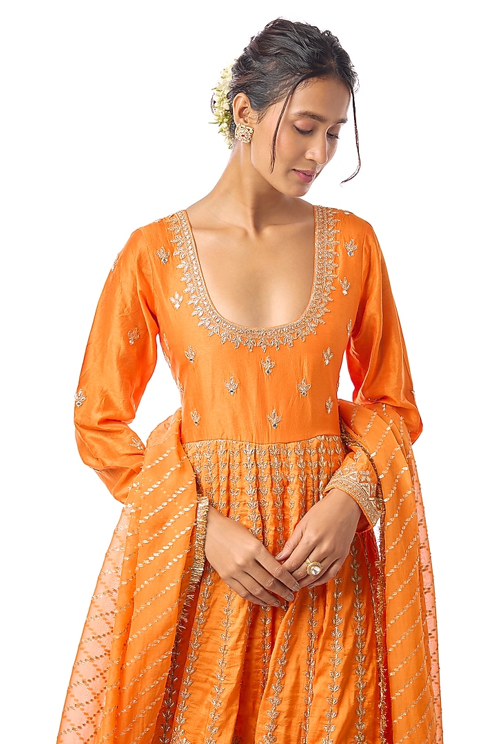 Orange Tussar Mirror Work Bridal Anarkali Set by GOPI VAID at Pernia's Pop Up Shop
