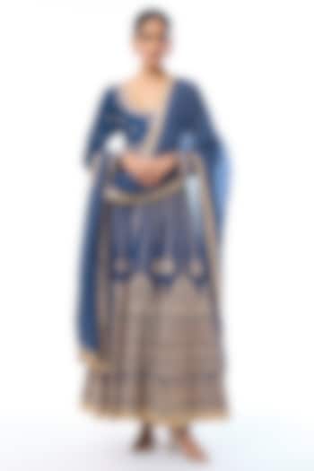 Blue Tussar Embroidered Bridal Anarkali Set by GOPI VAID at Pernia's Pop Up Shop