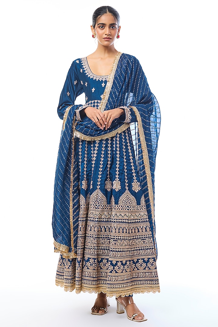 Blue Tussar Embroidered Bridal Anarkali Set by GOPI VAID at Pernia's Pop Up Shop