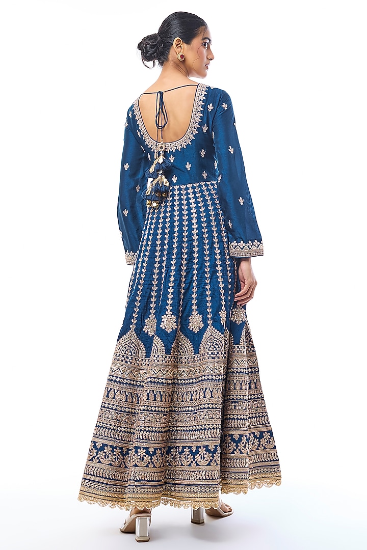 Blue Tussar Embroidered Bridal Anarkali Set by GOPI VAID at Pernia's Pop Up Shop