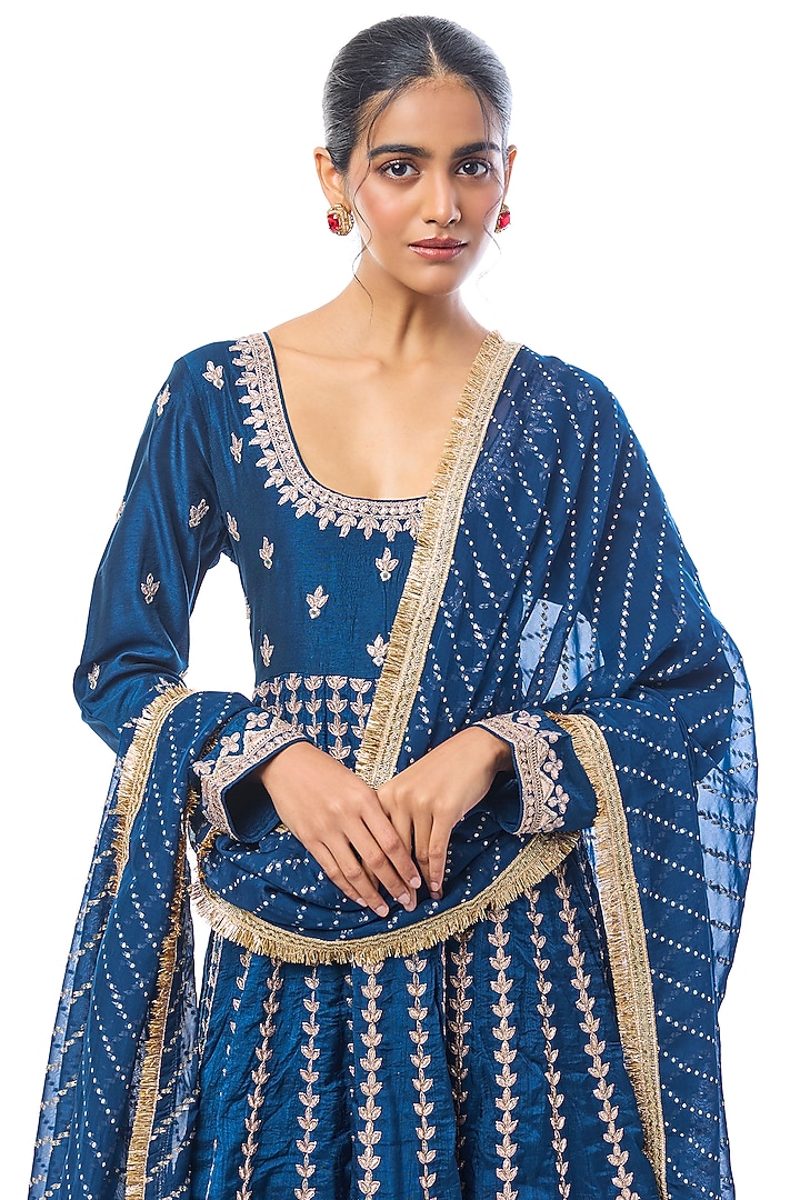 Blue Tussar Embroidered Bridal Anarkali Set by GOPI VAID at Pernia's Pop Up Shop