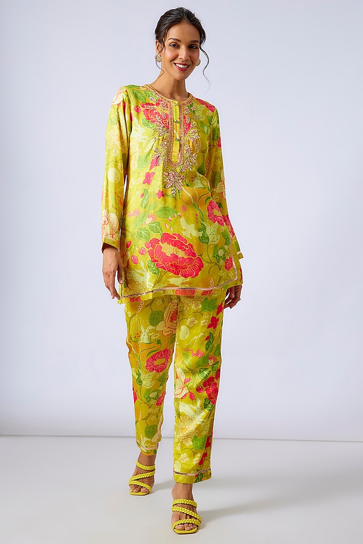 Yellow Satin Floral Printed & Embroidered Co-Ord Set by GOPI VAID at Pernia's Pop Up Shop