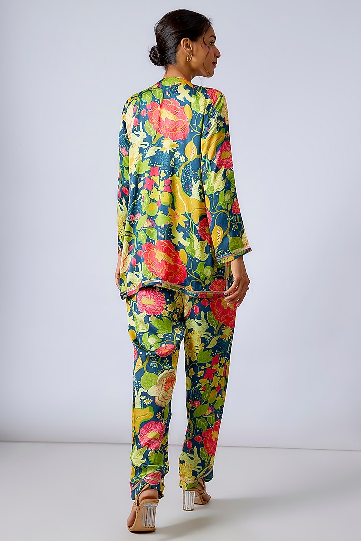 Blue Satin Floral Printed & Embroidered Co-Ord Set by GOPI VAID at Pernia's Pop Up Shop