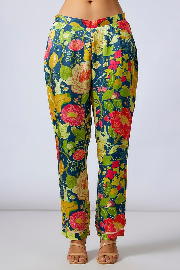 Blue Satin Floral Printed & Embroidered Co-Ord Set by GOPI VAID at Pernia's Pop Up Shop