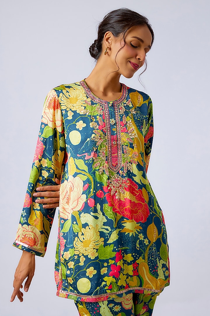 Blue Satin Floral Printed & Embroidered Co-Ord Set by GOPI VAID at Pernia's Pop Up Shop