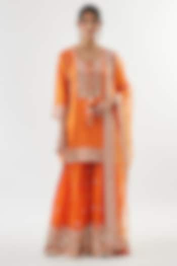 Orange Georgette Mirror Embroidered Wedding Sharara Set by GOPI VAID at Pernia's Pop Up Shop