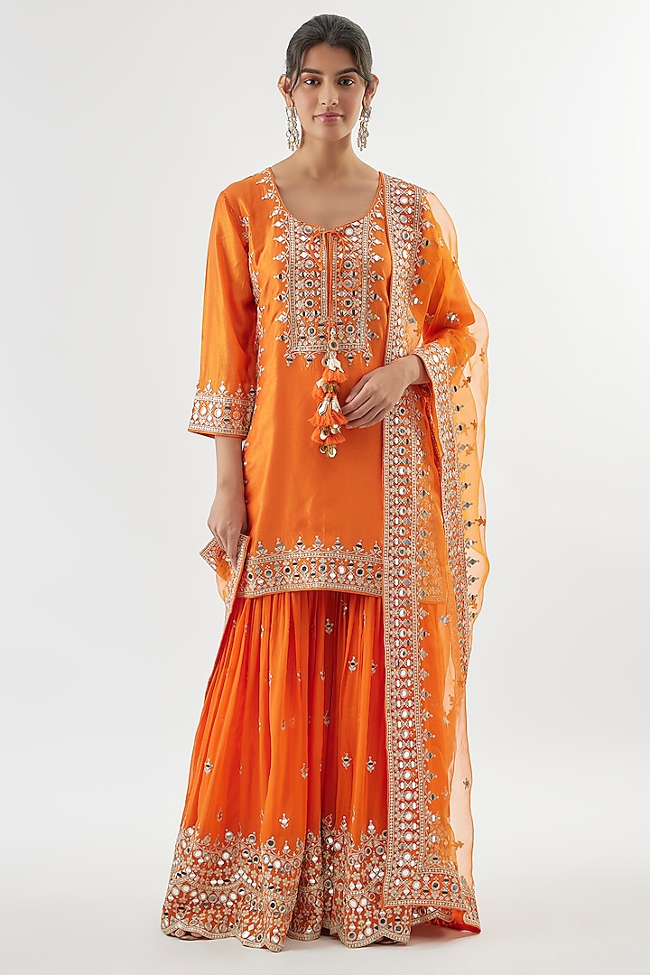 Orange Georgette Mirror Embroidered Wedding Sharara Set by GOPI VAID at Pernia's Pop Up Shop