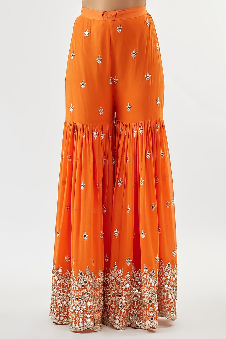 Orange Georgette Mirror Embroidered Wedding Sharara Set by GOPI VAID at Pernia's Pop Up Shop