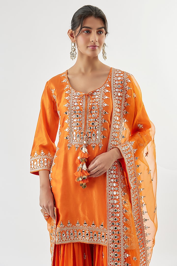 Orange Georgette Mirror Embroidered Wedding Sharara Set by GOPI VAID at Pernia's Pop Up Shop