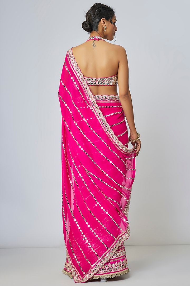 Pink Georgette Mirror Embroidered Wedding Saree Set by Gopi Vaid at Pernia's Pop Up Shop