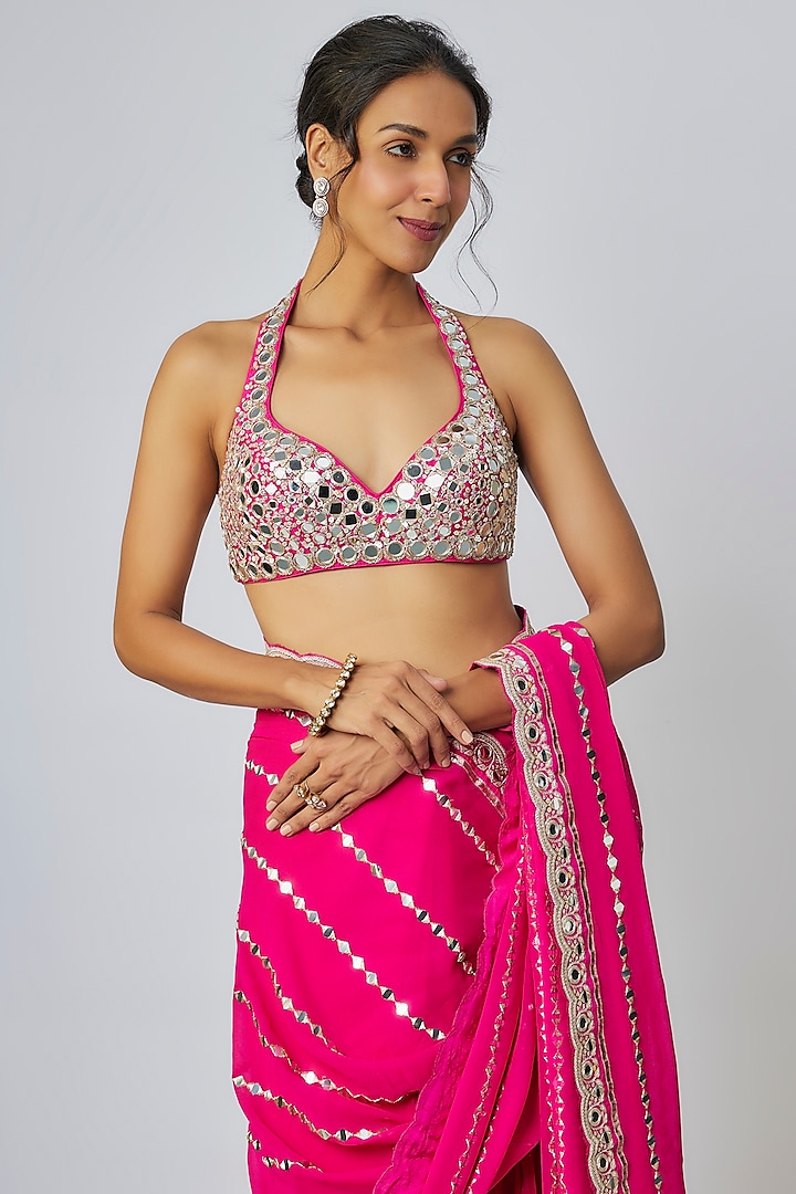 Pink Georgette Mirror Embroidered Wedding Saree Set by Gopi Vaid at Pernia's Pop Up Shop