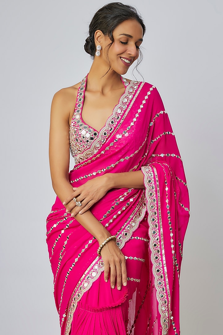 Pink Georgette Mirror Embroidered Wedding Saree Set by Gopi Vaid at Pernia's Pop Up Shop