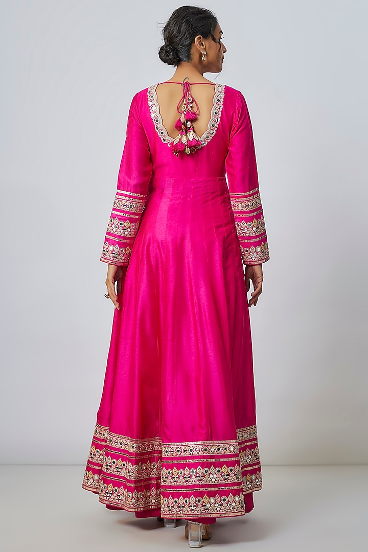 Pink Tussar Mirror Work Wedding Anarkali Set by Gopi Vaid at Pernia's Pop Up Shop