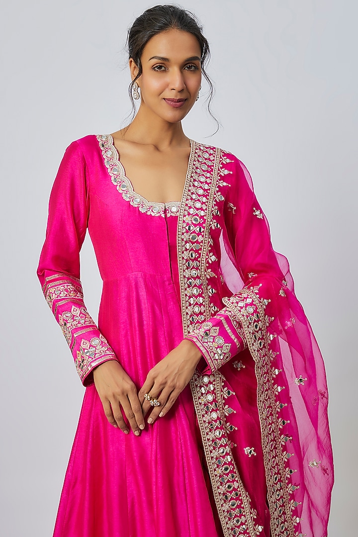 Pink Tussar Mirror Work Wedding Anarkali Set by Gopi Vaid at Pernia's Pop Up Shop