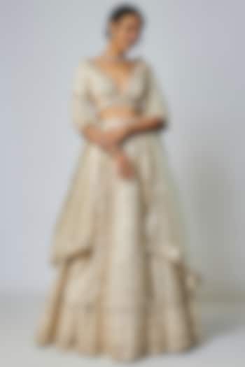 Ivory Tussar Hand Embroidered Wedding Lehenga Set by Gopi Vaid at Pernia's Pop Up Shop