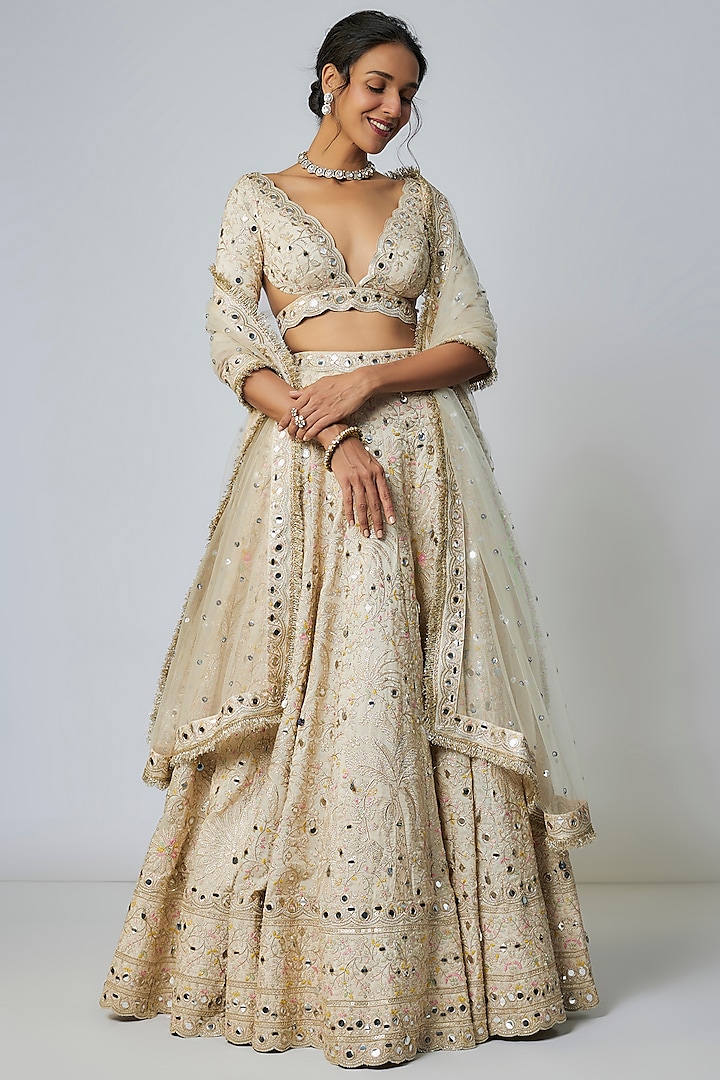 Ivory Tussar Hand Embroidered Wedding Lehenga Set by Gopi Vaid at Pernia's Pop Up Shop