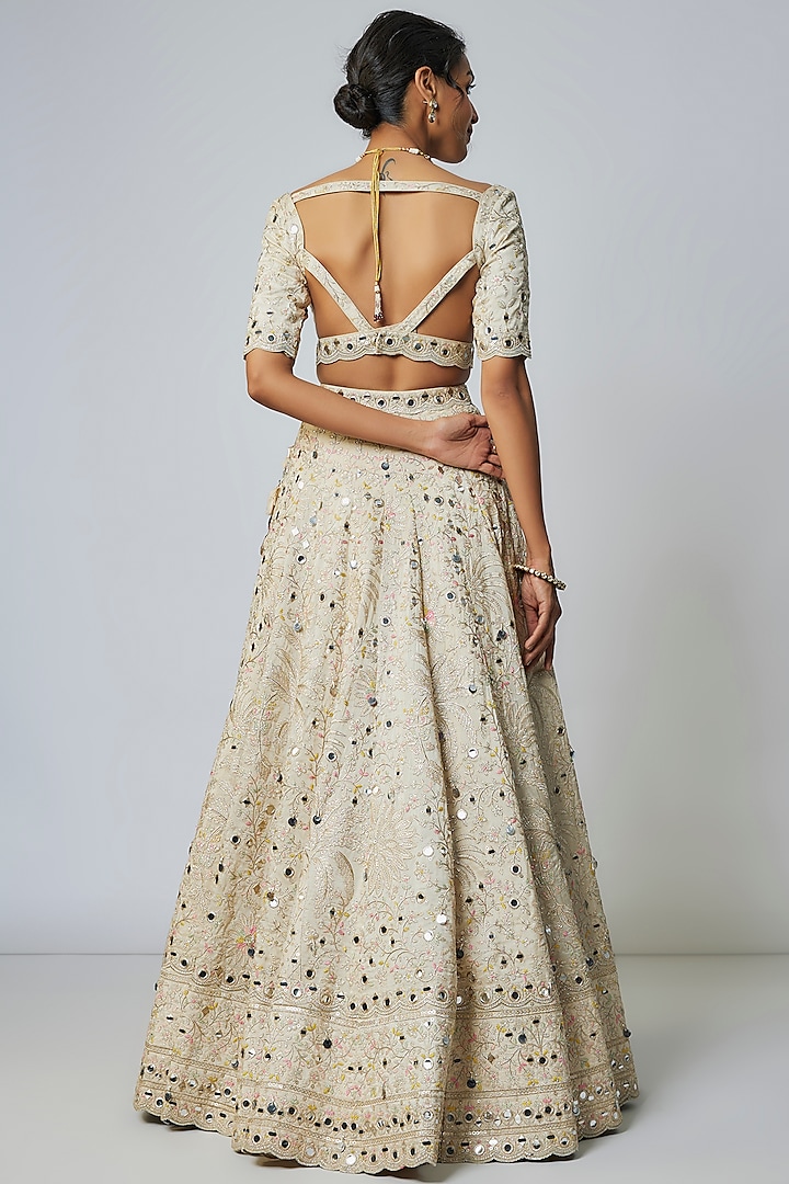 Ivory Tussar Hand Embroidered Wedding Lehenga Set by Gopi Vaid at Pernia's Pop Up Shop