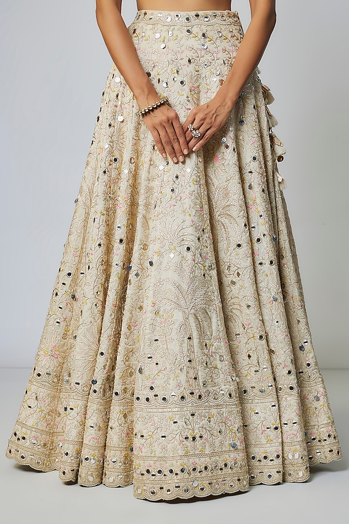 Ivory Tussar Hand Embroidered Wedding Lehenga Set by Gopi Vaid at Pernia's Pop Up Shop