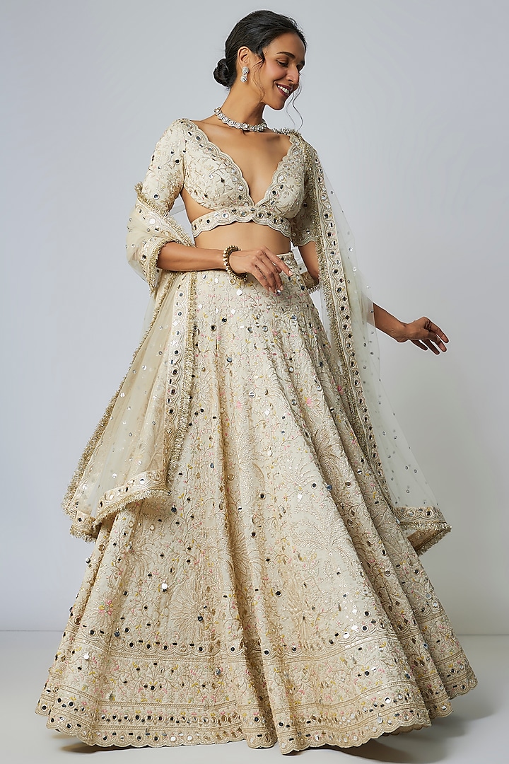 Ivory Tussar Hand Embroidered Wedding Lehenga Set by Gopi Vaid at Pernia's Pop Up Shop
