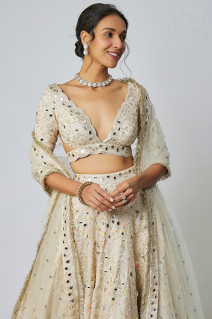 Ivory Tussar Hand Embroidered Wedding Lehenga Set by Gopi Vaid at Pernia's Pop Up Shop