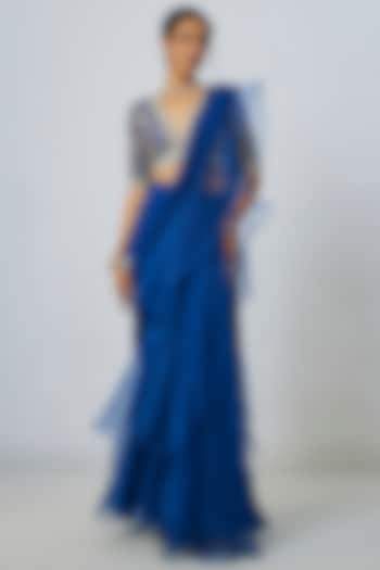 Blue Chiffon & Organza Ruffled Wedding Saree Set by Gopi Vaid at Pernia's Pop Up Shop