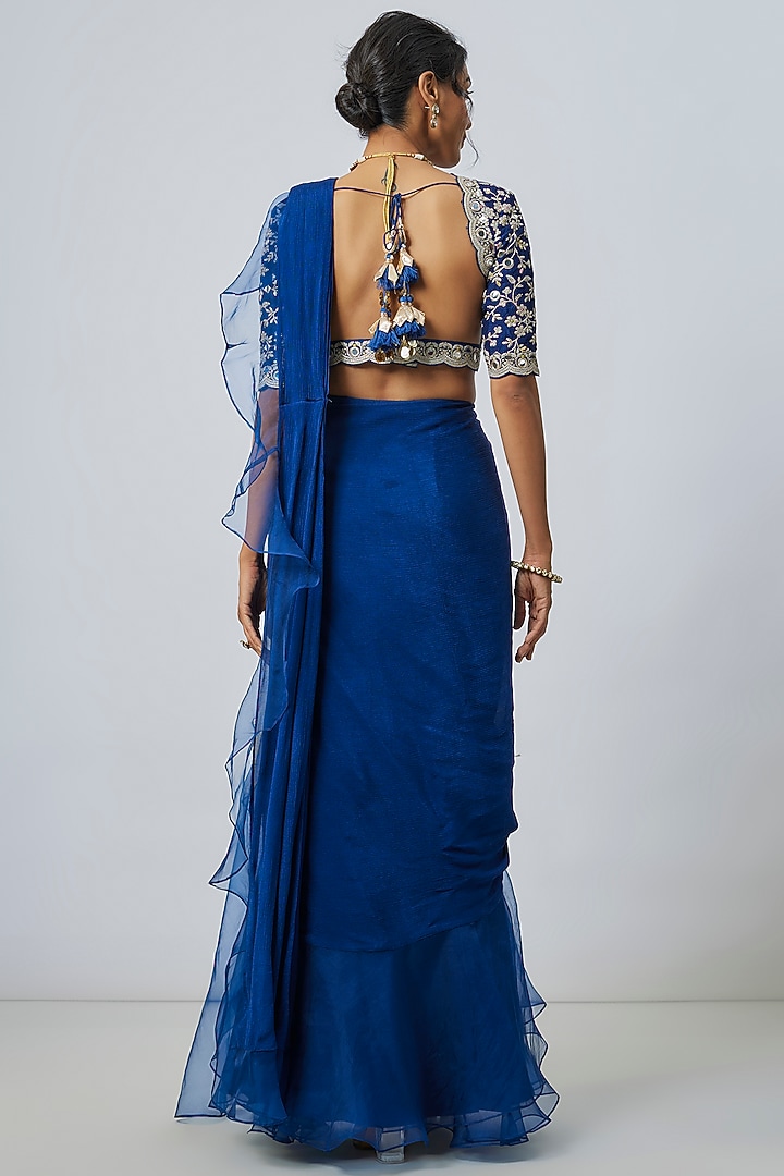 Blue Chiffon & Organza Ruffled Wedding Saree Set by Gopi Vaid at Pernia's Pop Up Shop