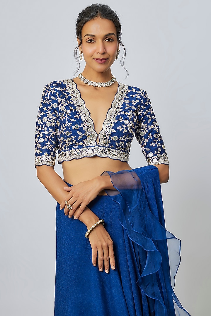 Blue Chiffon & Organza Ruffled Wedding Saree Set by Gopi Vaid at Pernia's Pop Up Shop