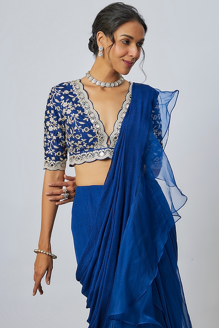 Blue Chiffon & Organza Ruffled Wedding Saree Set by Gopi Vaid at Pernia's Pop Up Shop