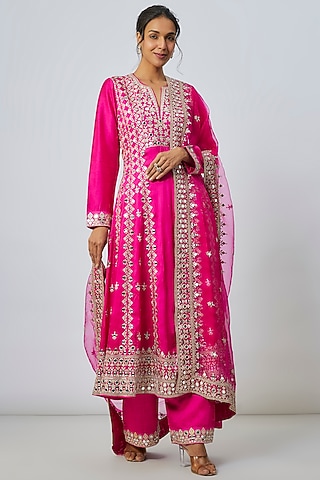 Pink Tussar Floral Motif Embroidered Anarkali Set by Gopi Vaid