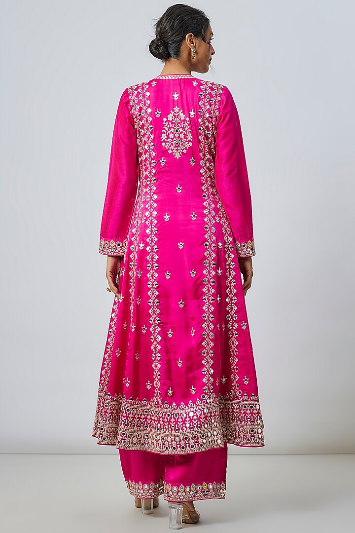 Pink Tussar Floral Motif Embroidered Wedding Anarkali Set by Gopi Vaid at Pernia's Pop Up Shop