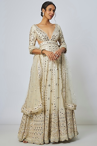 Ivory Tussar Mirror Embellished Kalidar Anarkali Set by Gopi Vaid