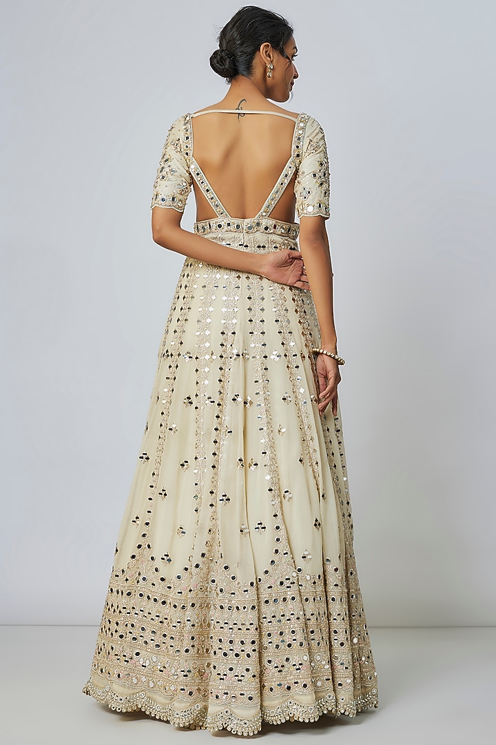 Ivory Tussar Mirror Embellished Kalidar Bridal Anarkali Set by Gopi Vaid at Pernia's Pop Up Shop