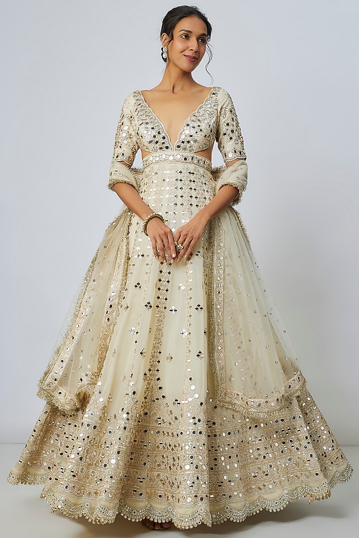 Ivory Tussar Mirror Embellished Kalidar Bridal Anarkali Set by Gopi Vaid at Pernia's Pop Up Shop