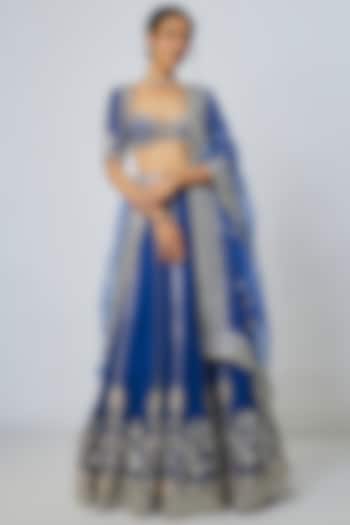 Blue Tussar Motif Embroidered Wedding Lehenga Set by Gopi Vaid at Pernia's Pop Up Shop