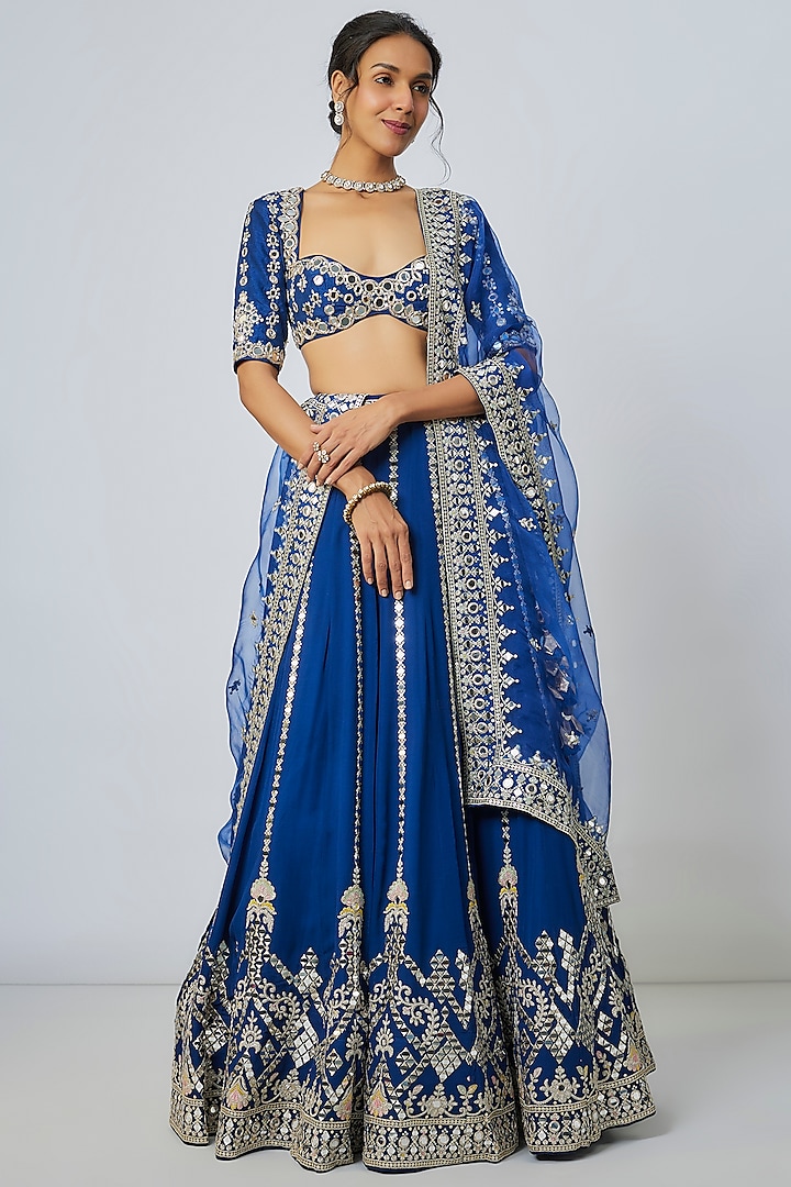 Blue Tussar Motif Embroidered Wedding Lehenga Set by Gopi Vaid at Pernia's Pop Up Shop