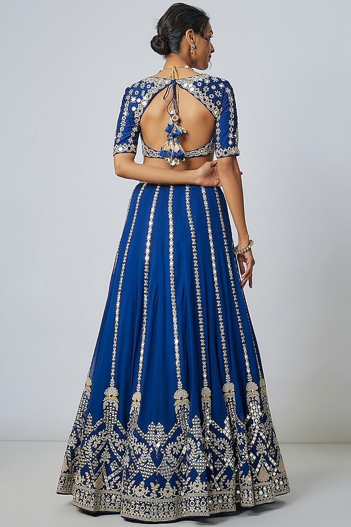 Blue Tussar Motif Embroidered Wedding Lehenga Set by Gopi Vaid at Pernia's Pop Up Shop