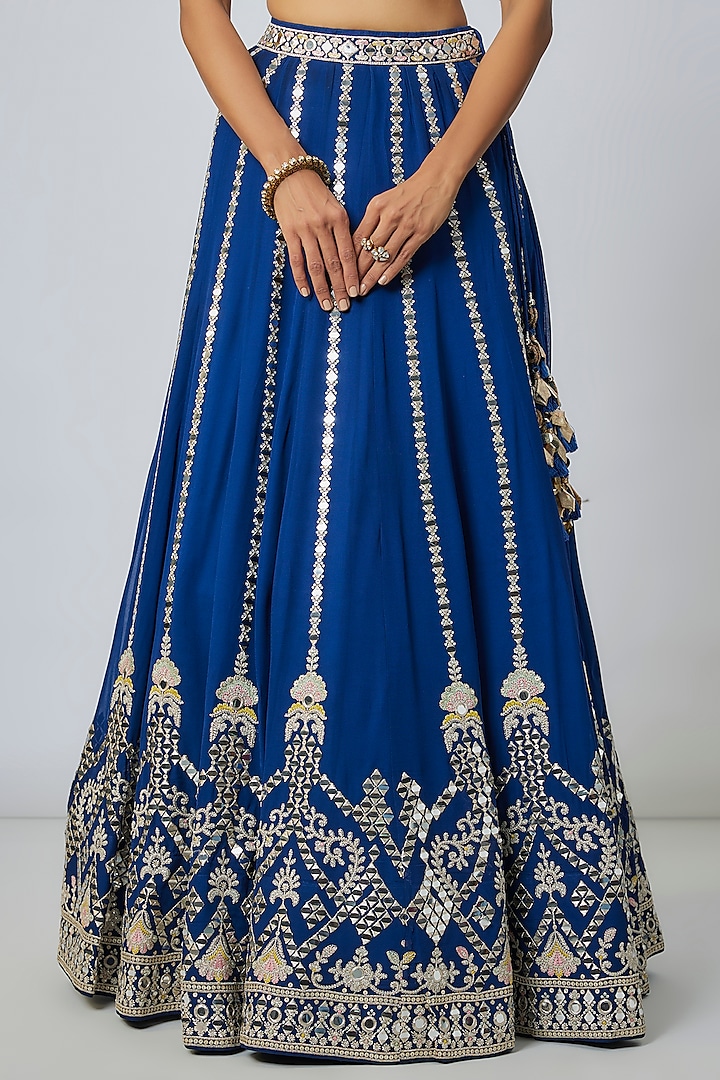 Blue Tussar Motif Embroidered Wedding Lehenga Set by Gopi Vaid at Pernia's Pop Up Shop