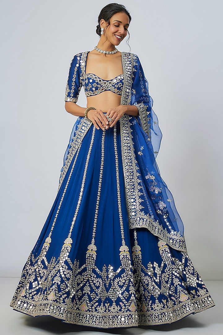 Blue Tussar Motif Embroidered Wedding Lehenga Set by Gopi Vaid at Pernia's Pop Up Shop