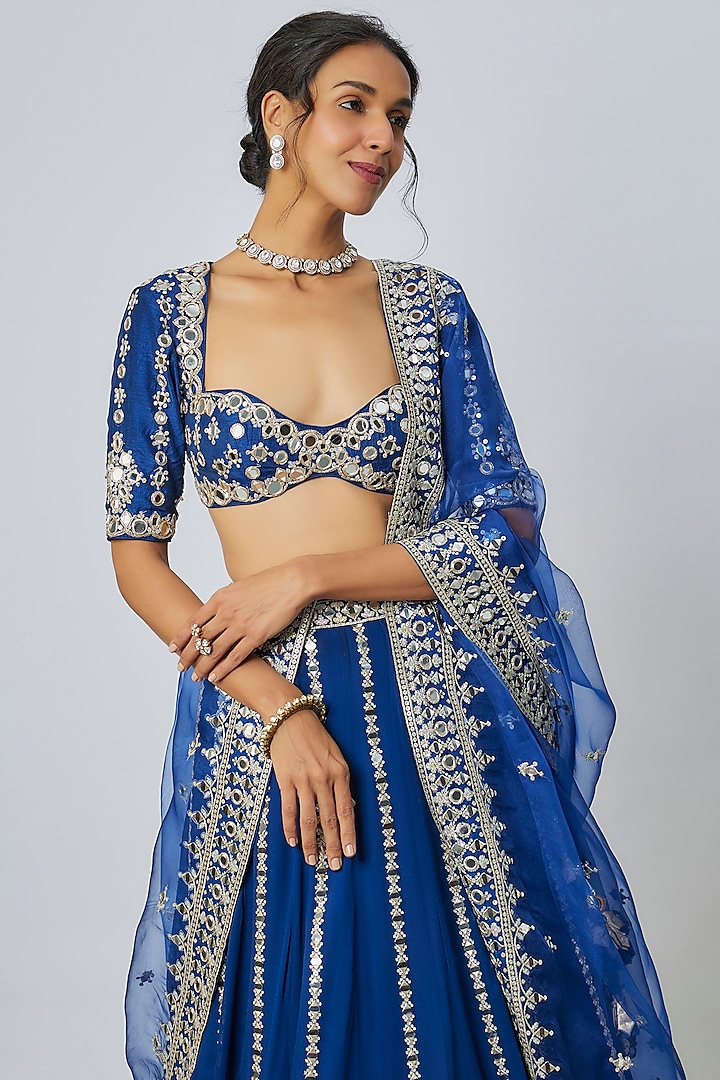Blue Tussar Motif Embroidered Wedding Lehenga Set by Gopi Vaid at Pernia's Pop Up Shop