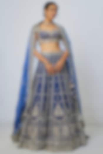 Blue Tussar Mirror Embroidered Wedding Lehenga Set by Gopi Vaid at Pernia's Pop Up Shop