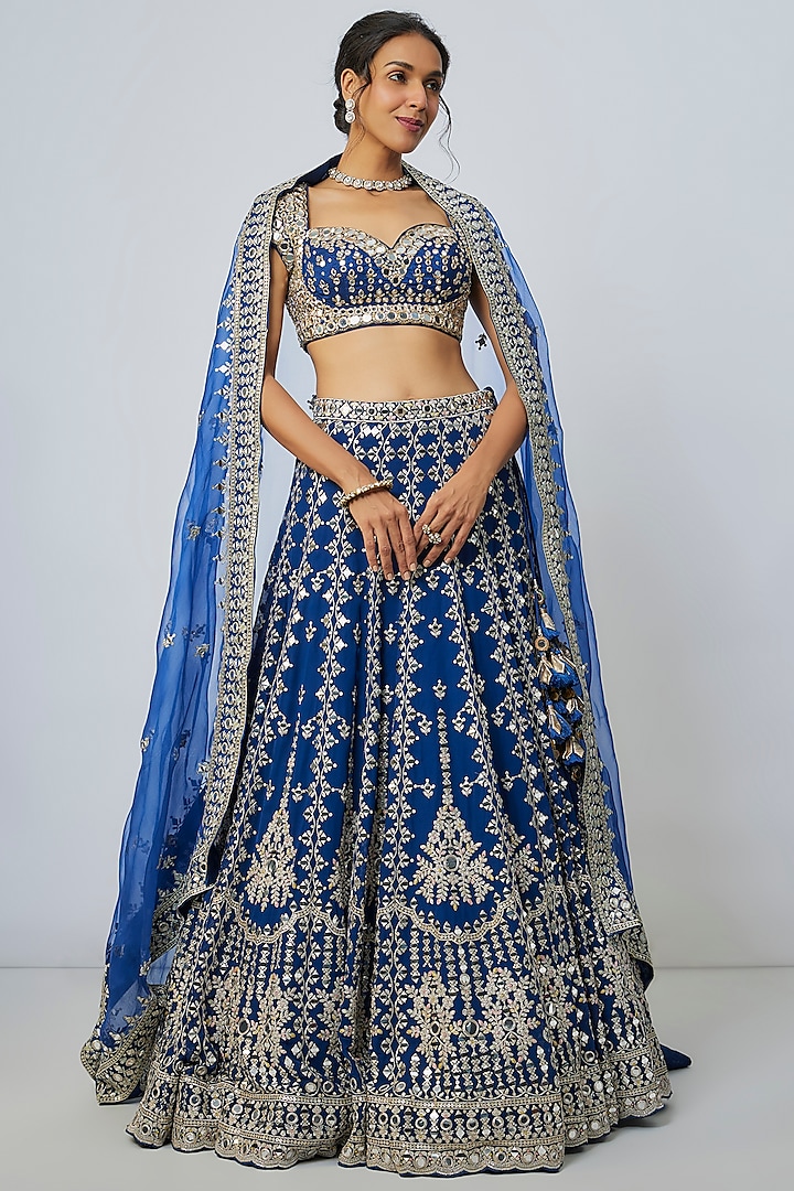 Blue Tussar Mirror Embroidered Wedding Lehenga Set by Gopi Vaid at Pernia's Pop Up Shop