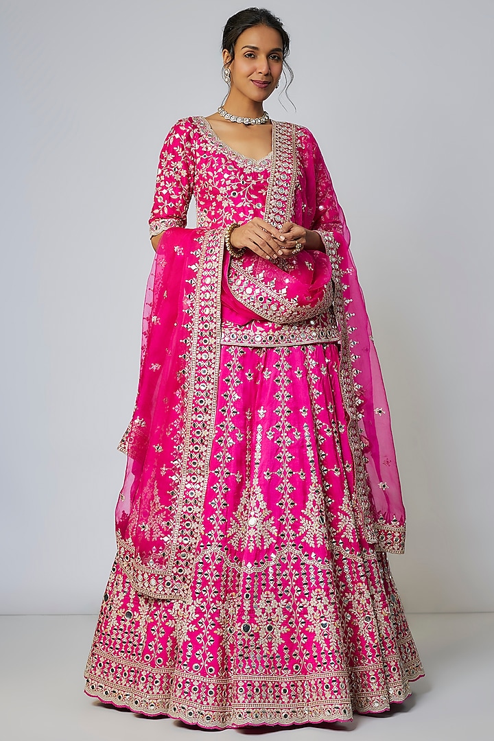 Pink Tussar Mirror Embroidered dulhan bday 22 may Lehenga Set by Gopi Vaid at Pernia's Pop Up Shop