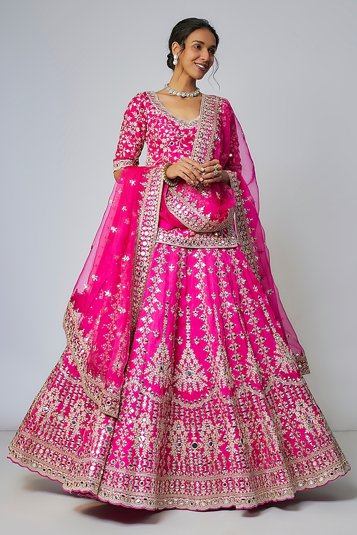 Pink Tussar Mirror Embroidered Wedding Lehenga Set by Gopi Vaid at Pernia's Pop Up Shop