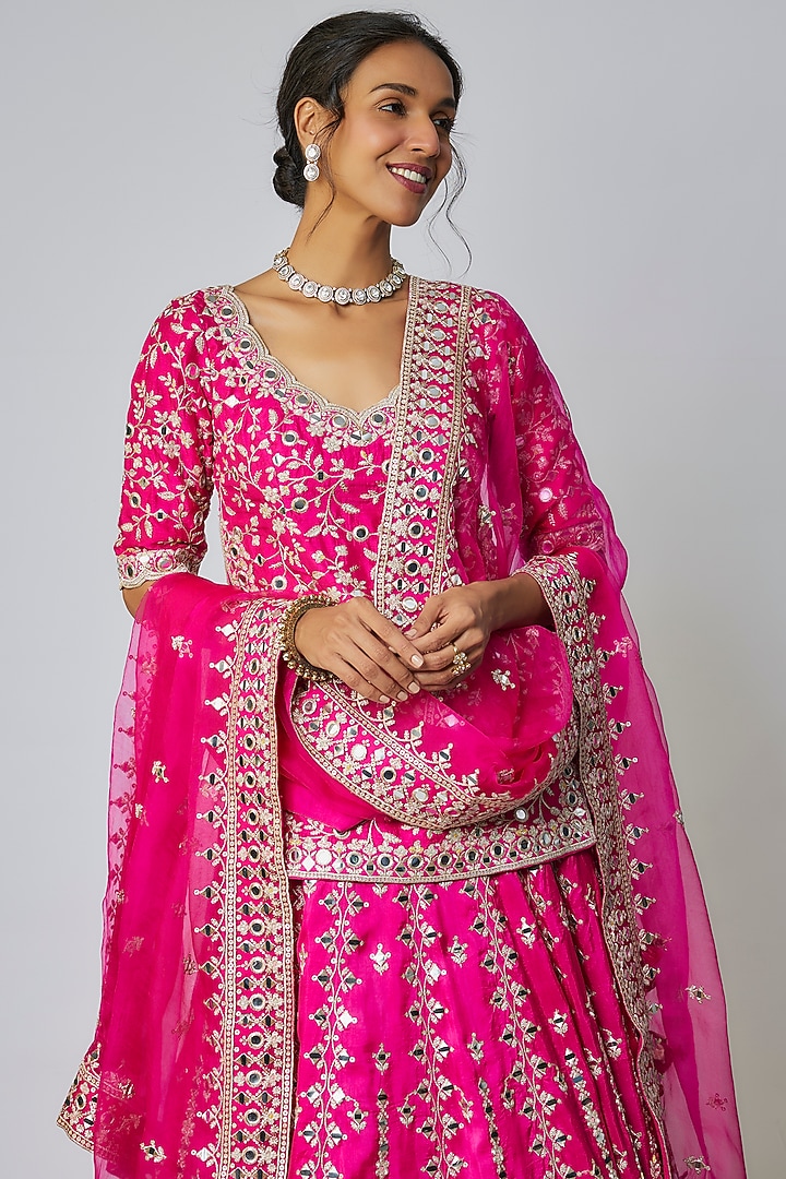 Pink Tussar Mirror Embroidered Wedding Lehenga Set by Gopi Vaid at Pernia's Pop Up Shop