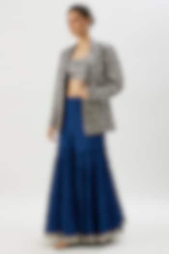 Blue Jaal Tussar Mirror Embroidered Cape Jacket Set by GOPI VAID at Pernia's Pop Up Shop