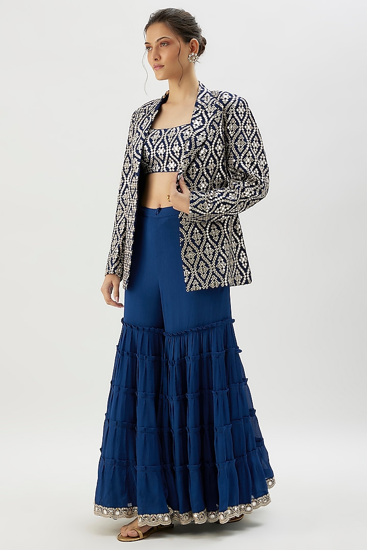 Blue Jaal Tussar Mirror Embroidered Cape Jacket Set by GOPI VAID at Pernia's Pop Up Shop